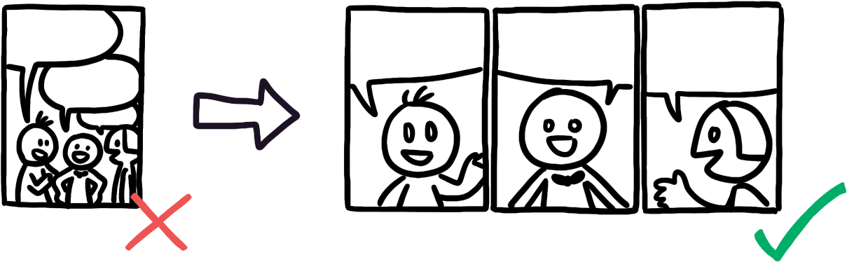 One panel with many people talking at the same time split into three panels with each person having their own